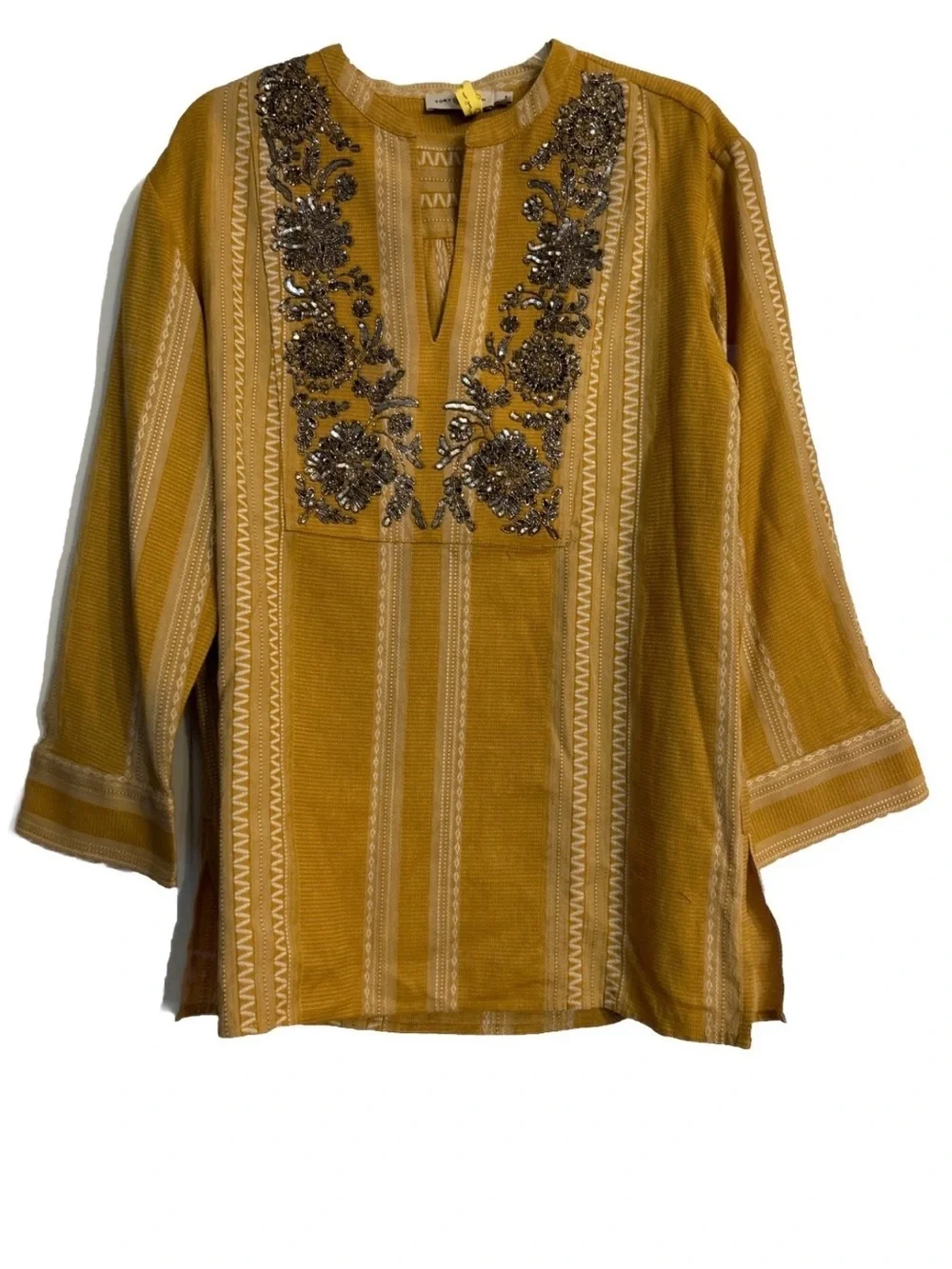 Tory Burch Set Women Sequin Embellished Yellow & Ivory Cotton Tunic 8 & Pants 6